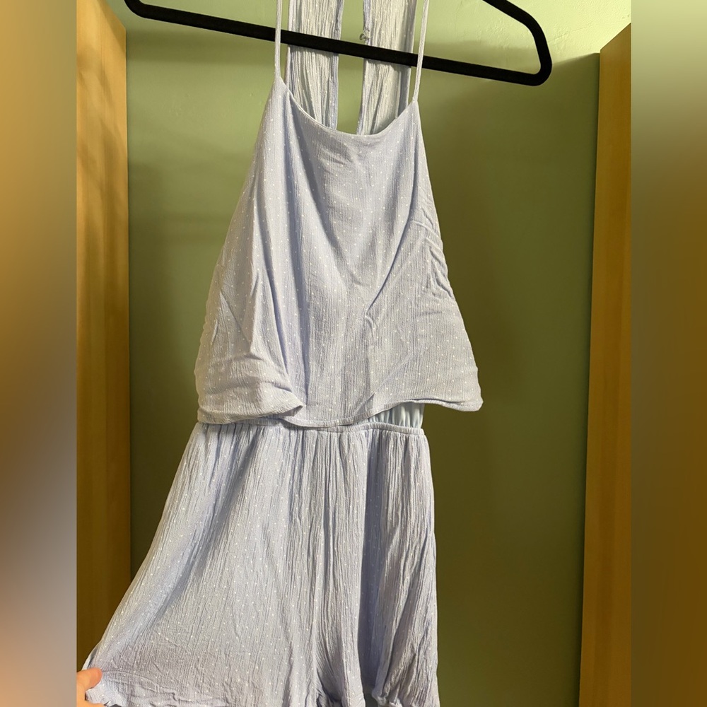 HYFVE Light Blue & white polka Halter shorts romper